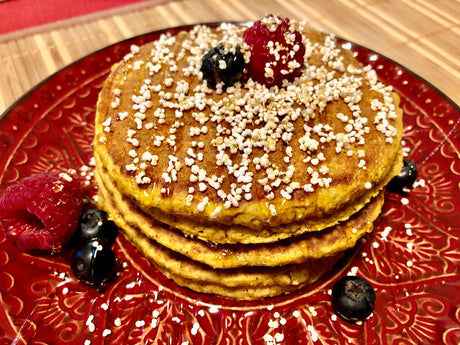 gluten free pancakes, amaranth, oatmeal pancakes, fruit, recipe