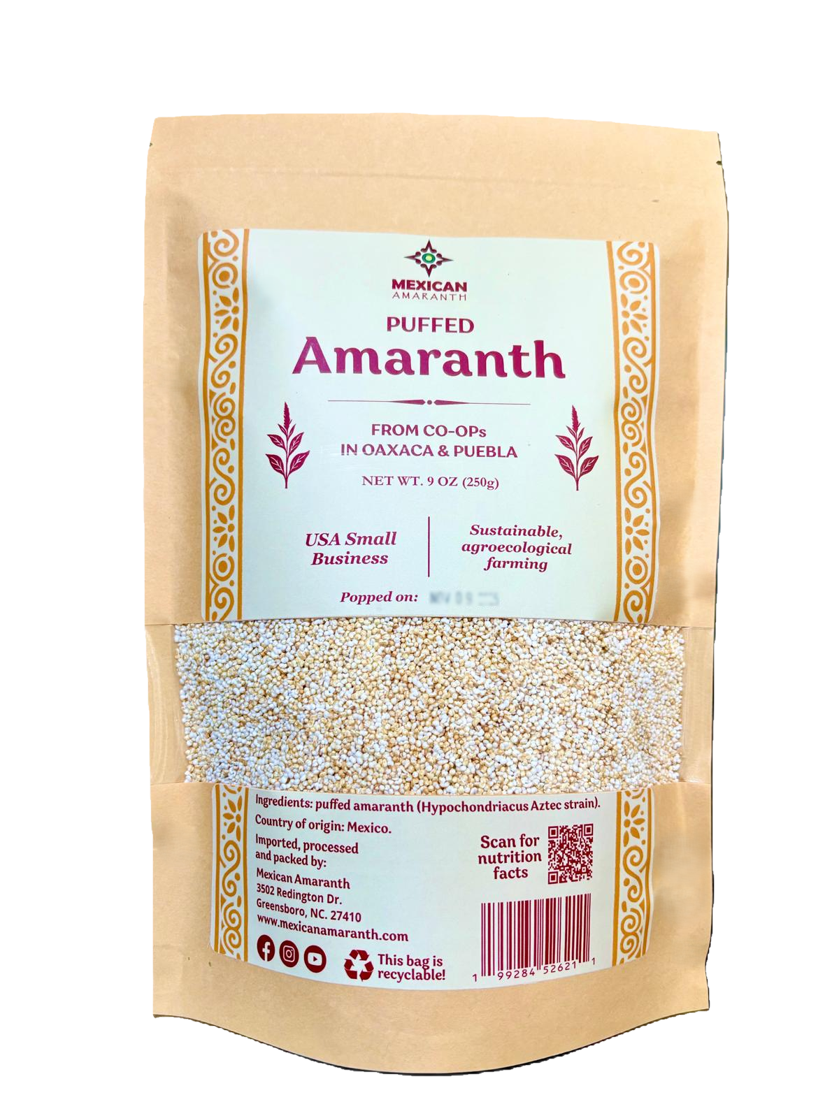 Mexican, amaranth, grain, puffed, oaxaca, plant-based, cereal