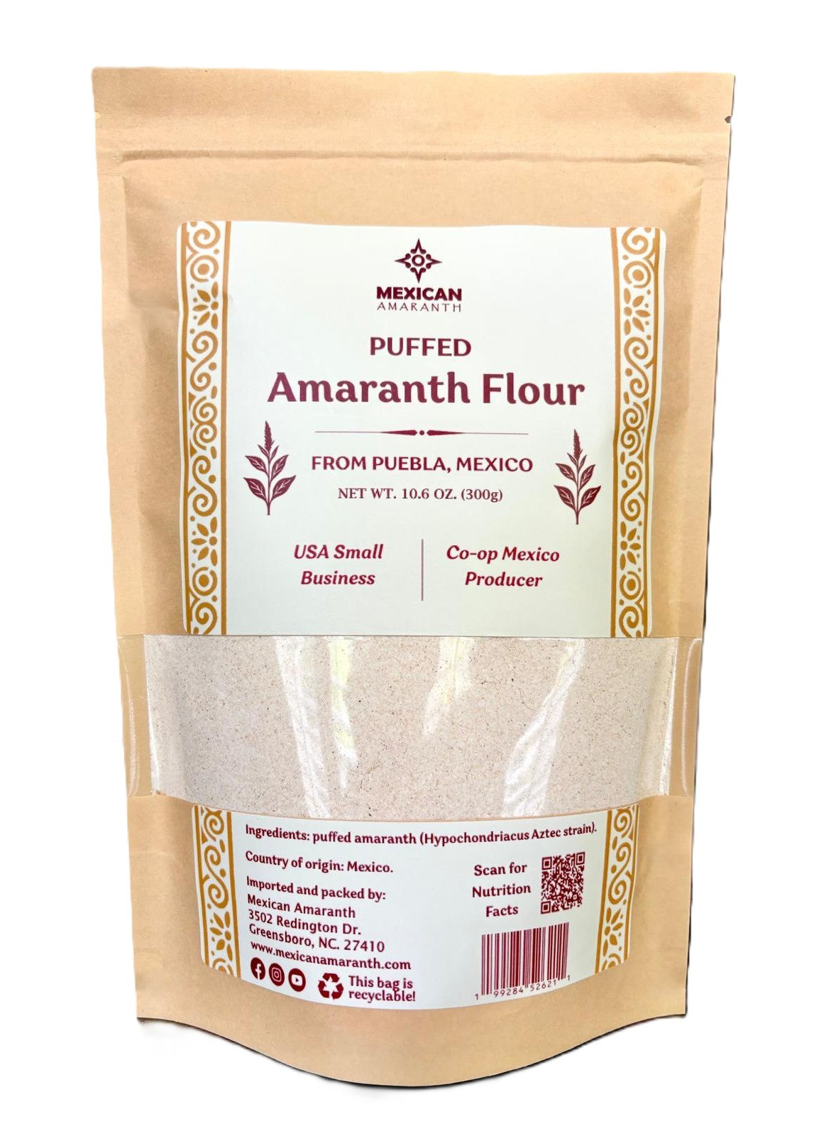 Package of puffed amaranth flour with branding and product details on a white background