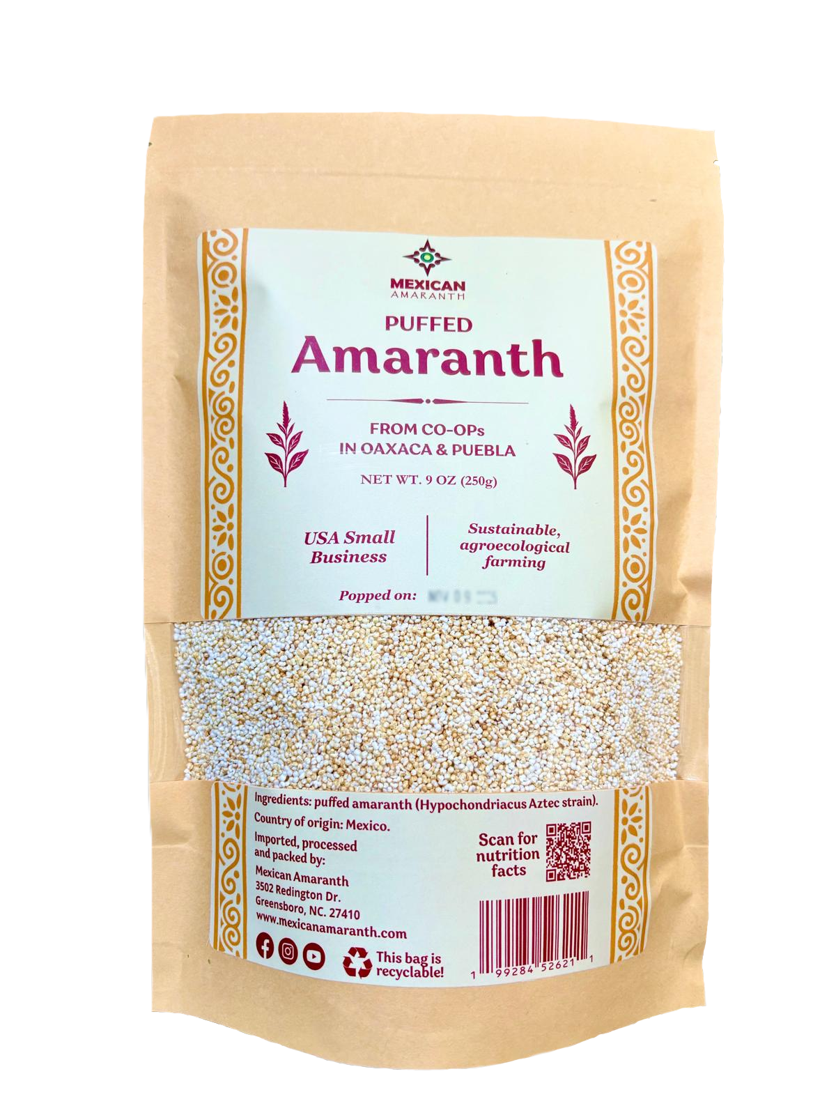 Mexican, amaranth, grain, puffed, oaxaca, plant-based, cereal